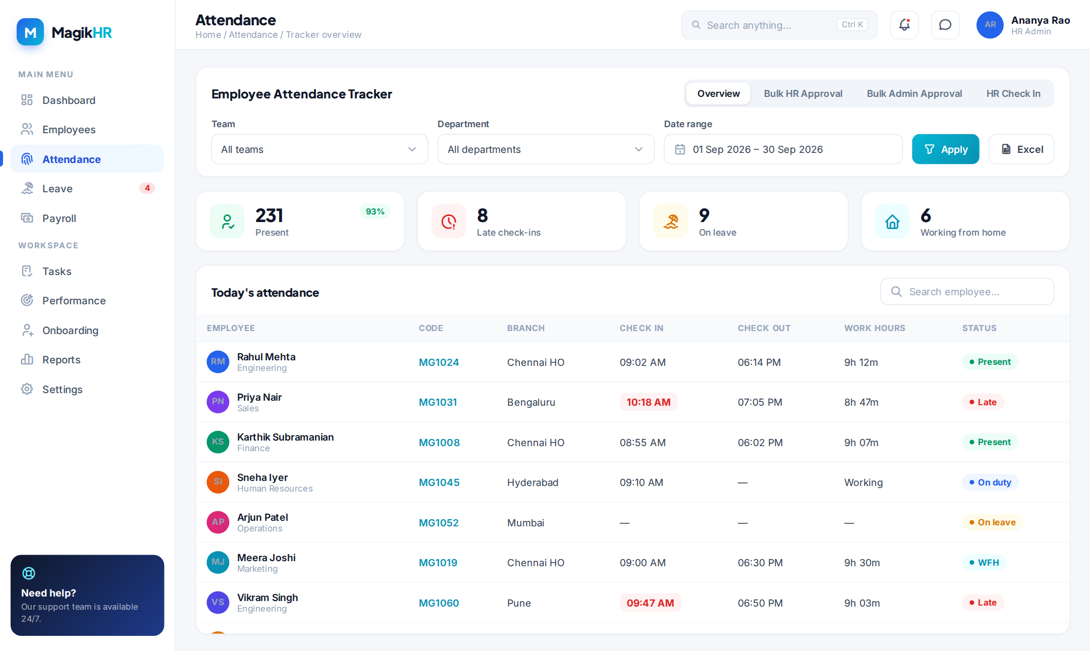 MagikHR Attendance Tracker screen